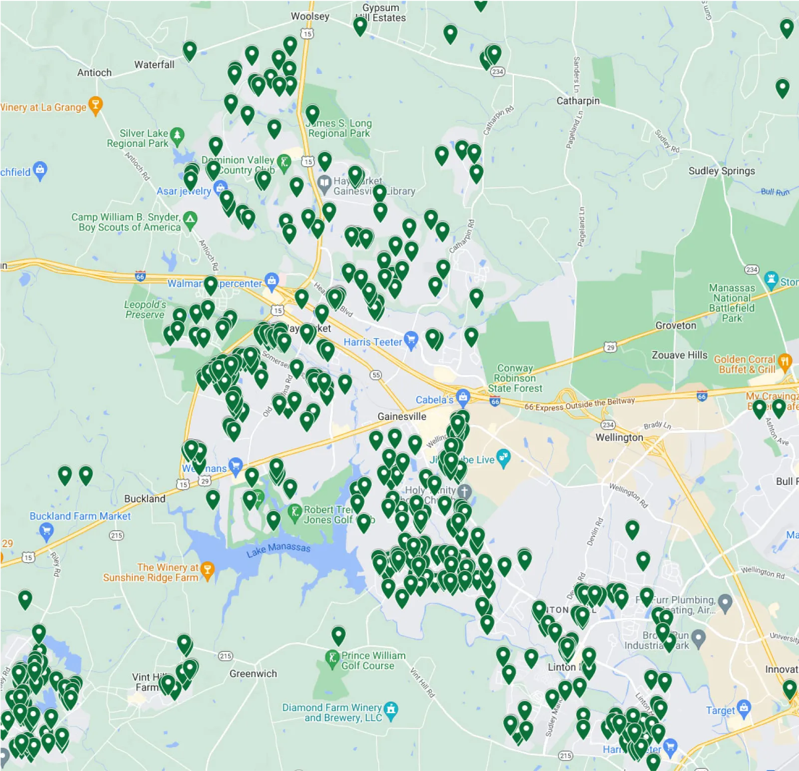 Map of the neighborhoods Simply Turf serves in and around Gainesville