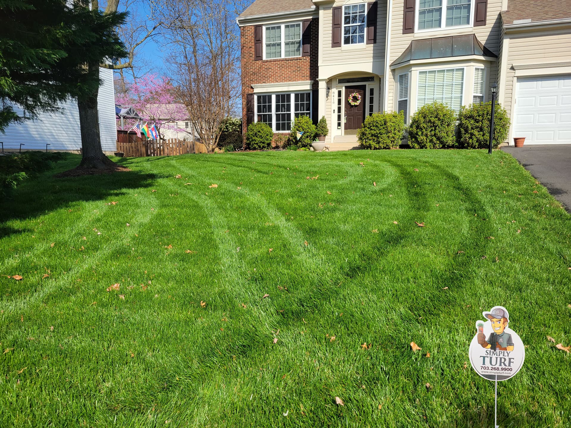 A front yard treated by Simply Turf with a lawn sign