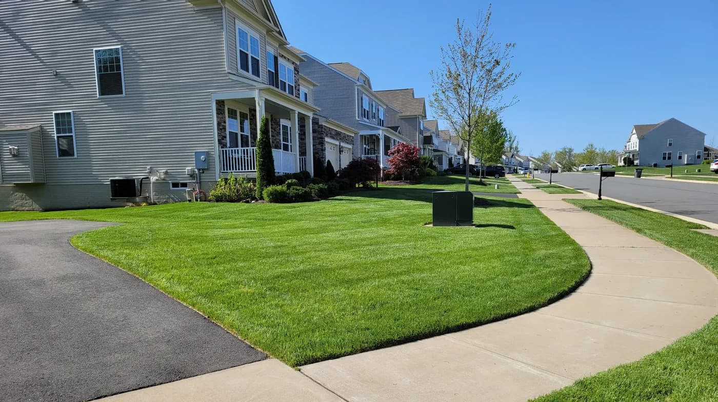 Deep green front lawn along a curving sidewalk as the trees begin to leaf out