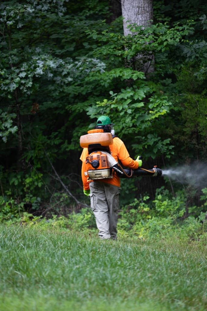 Simply Turf technician applying a mosquito and tick barrier treatment with a backpack mister along a wood line